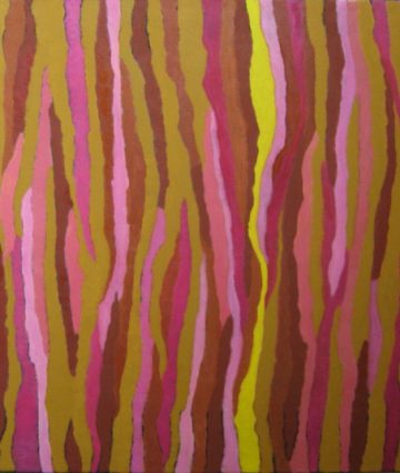 Abstrakti maalaus. Aaltoilevia pystyraitoja punaisen, keltaisen ja vaaleanpunaisen sävyissä.