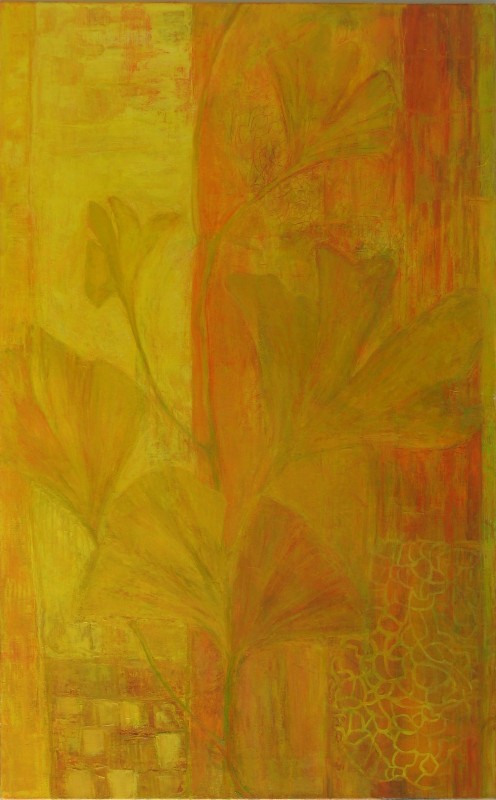 Himmeitä art nouveau -henkisiä kasveja keltaisen ja oranssin sävyissä.