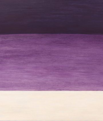 Minimalistinen maalaus, jossa kolme horisontaalista värialuetta: tumman violetti, violetti ja luonnonvalkoinen.
