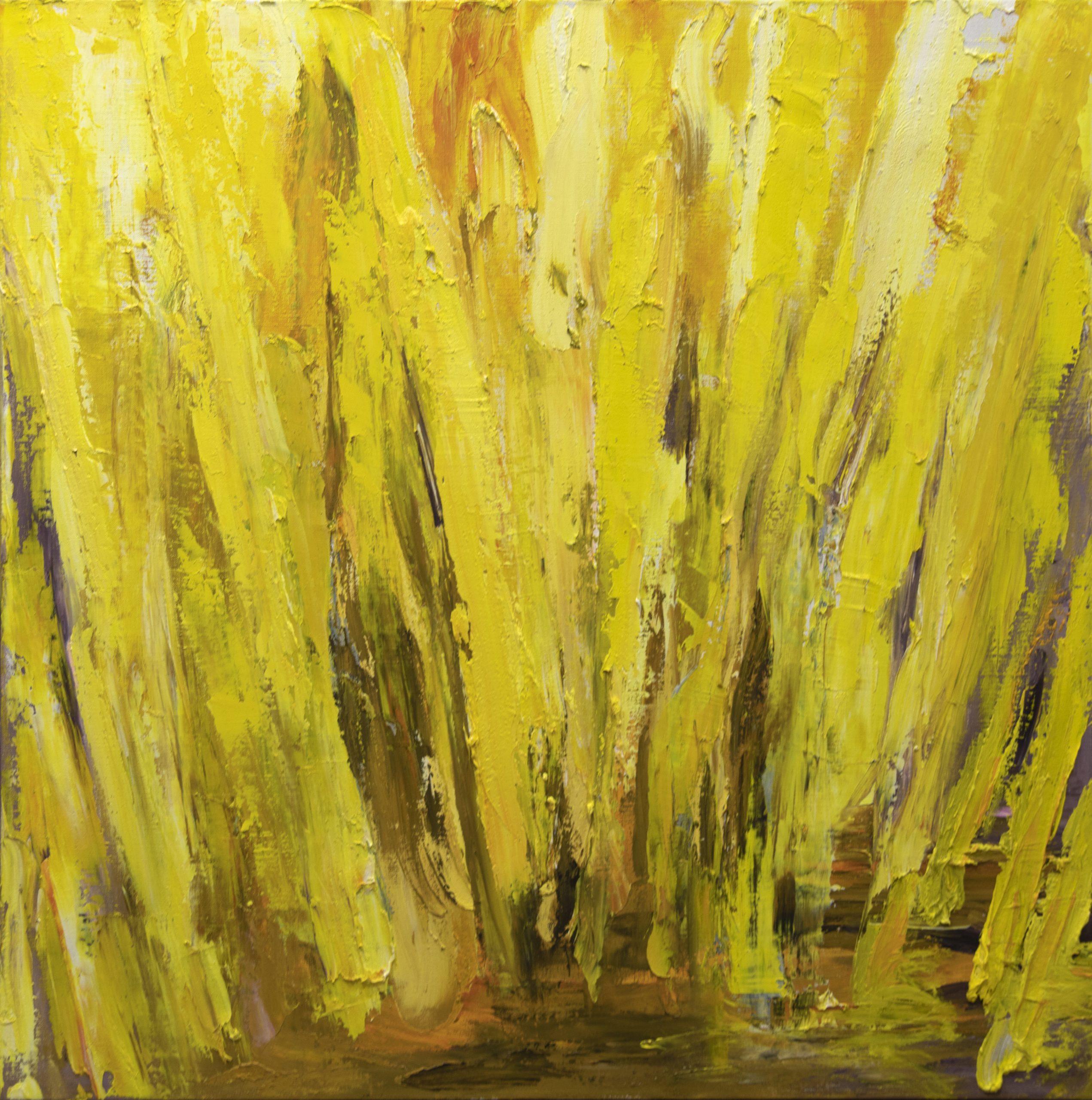 Keltainen abstrakti maalaus, rajuha siveltimenvetoja.