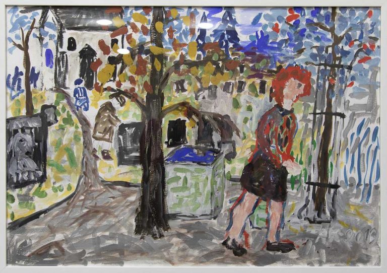 Impressionistinen maalaus; sininen taivas, valkoinen talo, puissa syksyn lehtiä, kadulla kävelee punatukkainen naishahmo, jolla punainen paita ja musta hame. .