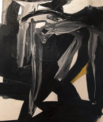 Abstrakti maalaus, joka koostuu paksuista mustista siveltimenvedoista vakoiselle, ripauksia harmaata ja keltaista.