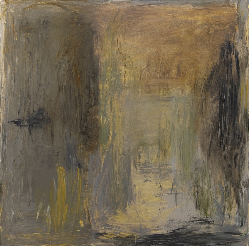 Ekspressionistinen abstrakti maalaus, jossa harmaata, ruskeaa, keltaista, mustaa.