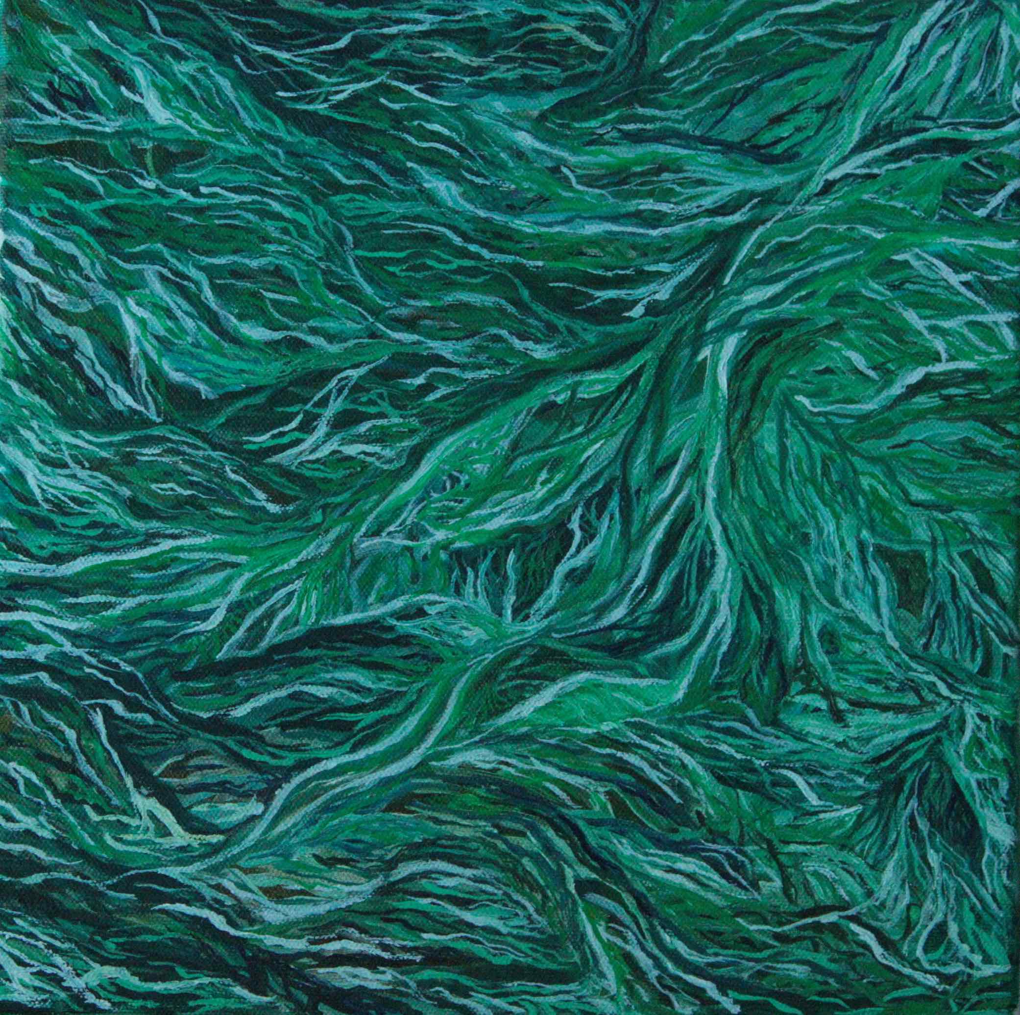 Abstrakti maalaus, jossa on geologisia kerrostumia. Vihreän ja valkoisen sävyisiä laineita ja viivoja.