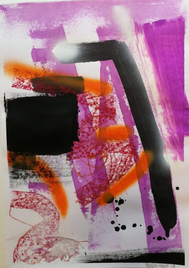 Rauha Harttin abstrakti violetin, oranssin ja mustan sävyinen akryylimaalaus.