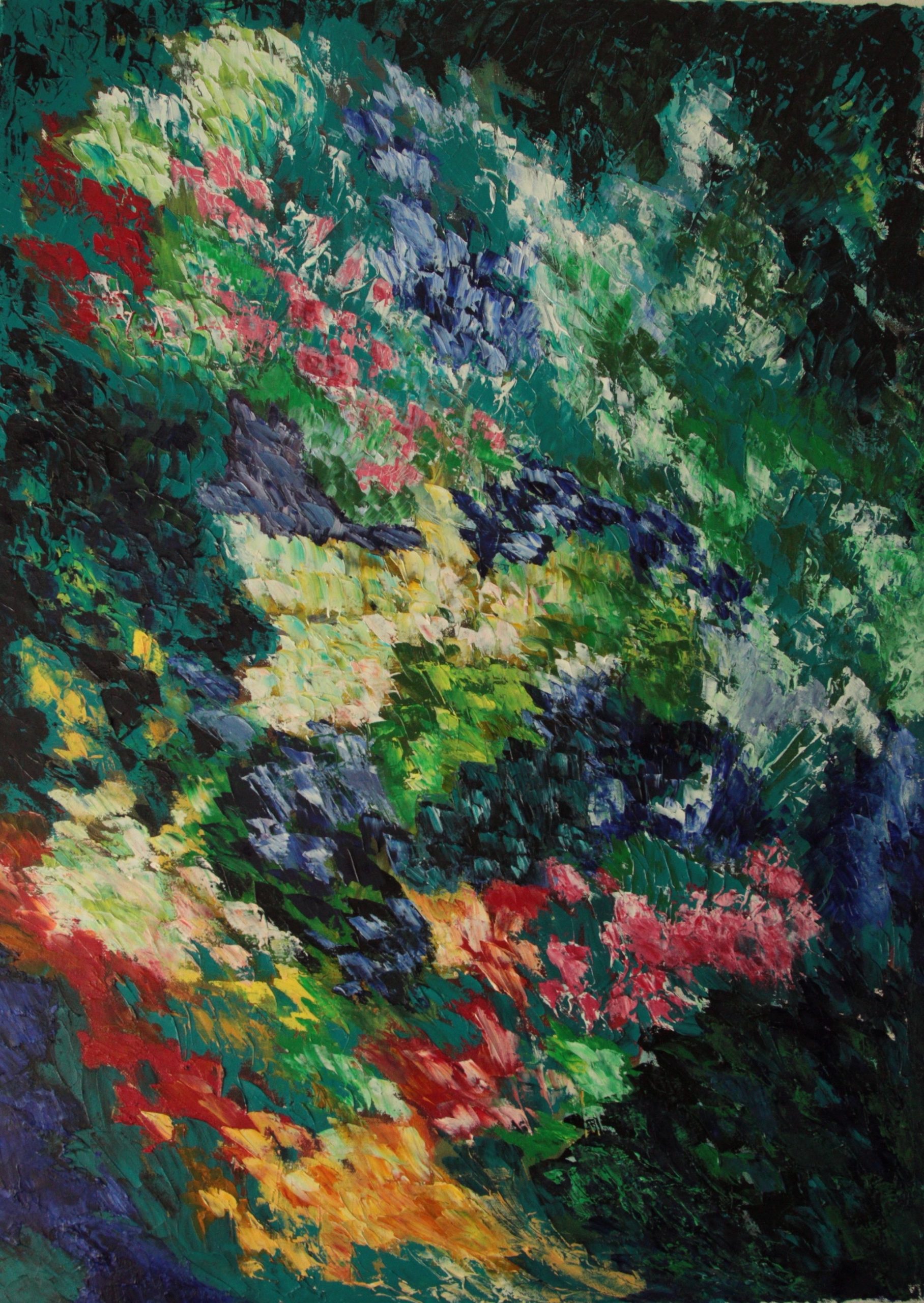 Ekspressiivinen maalaus, jossa värikkäitä kukkia ja värejä. Kuvassa elokuun puutarha.