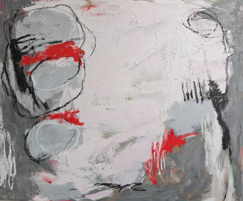 Maija Helin-Åvall, Aamun unessa, sekatekniikka, 100 x 120 cm, 2022. Abstrakti maalaus, jossa punaisen, harmaan, vaaleanpunaisen ja mustan sävyjä.