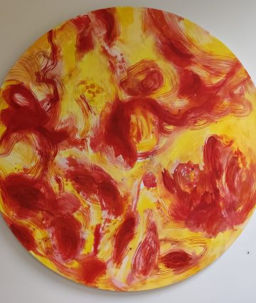Ruuth Iiris 'Solat flare' tempera kankaalle, 2021
Kyseessä on pyöreä maalaus, jonka halkaisija 140 cm. Hinta  1500 e.