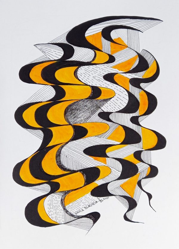 Abstrakti aaltoja kuvaava tussipiirros paperille.
