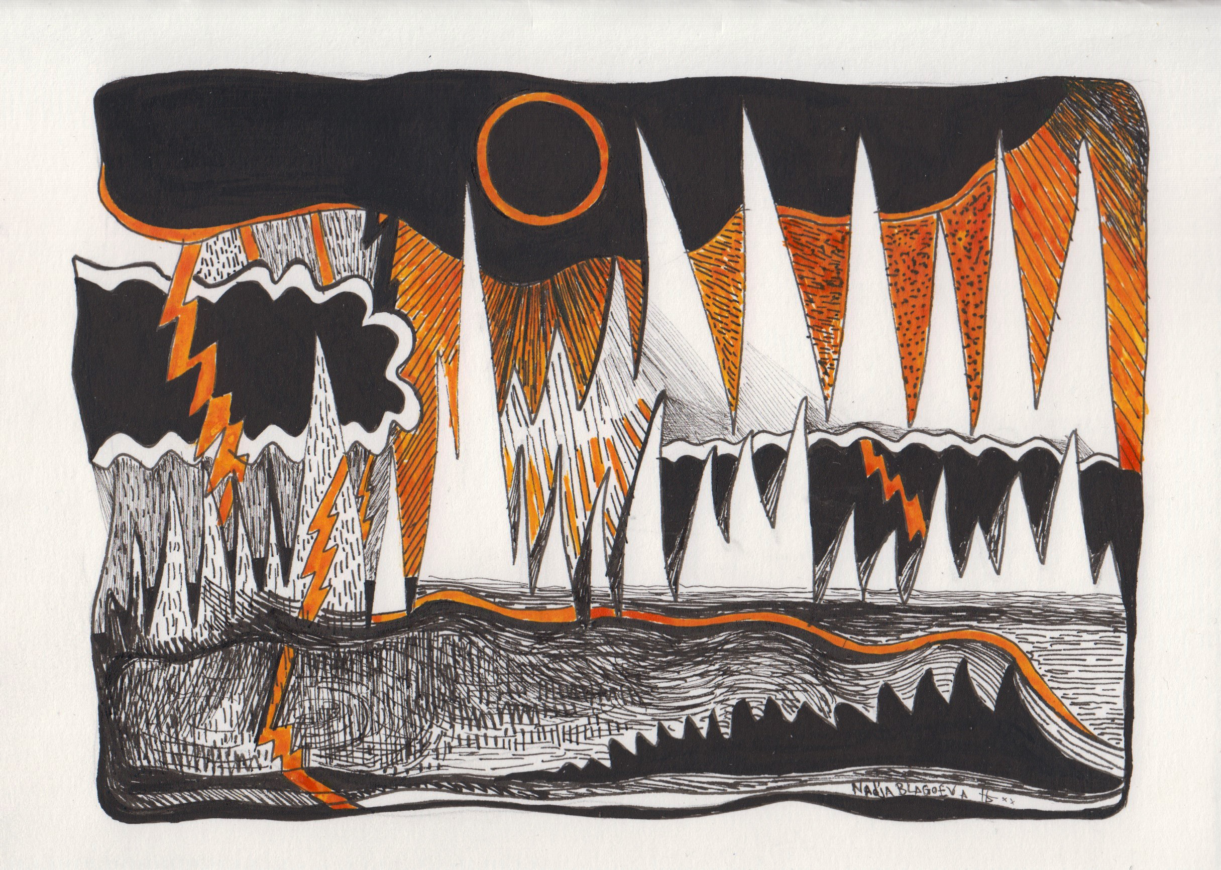 Jäävuoria kuvaava abstrakti tussipiirros vaalealle paperille. Piiroksessa on käytetty väreinä mustaa ja oranssia.