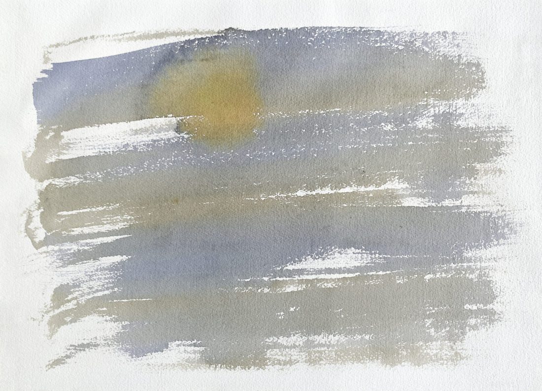 Akvarellimaalaus, jossa vaakasuuntaisia limittäin olevia siveltimenvetoja sinisellä ja keltaisella. Maalaus esittää aurinkoa ja sen valon heijastuksia.