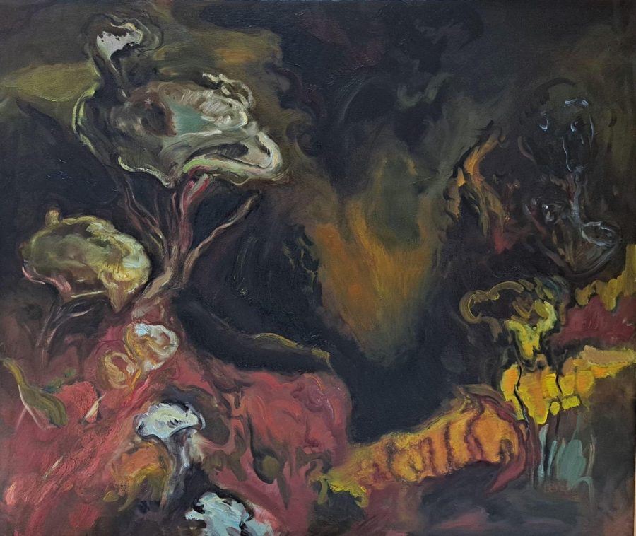 Regina Siira, “Kuiskaus pimeässä“, 2022, öljy kankaalle, 80 x 100 cm.