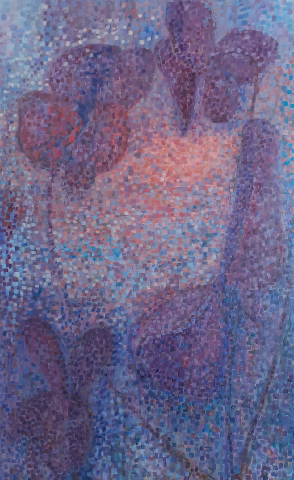 Violetti mosaiikkimaisista pienistä täplistä koostuva maalaus.