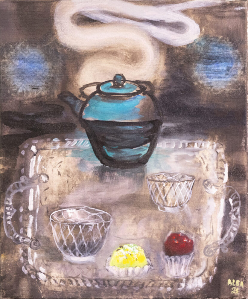 Alba, Teetä hopeatarjottimella, öljy kankaalle, 2021, 46 cm x 38 cm