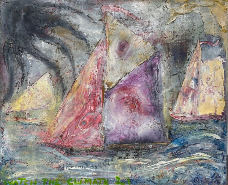 Värikkäitä purjeveneitä ja tumma merihirviö lonkeroineen.