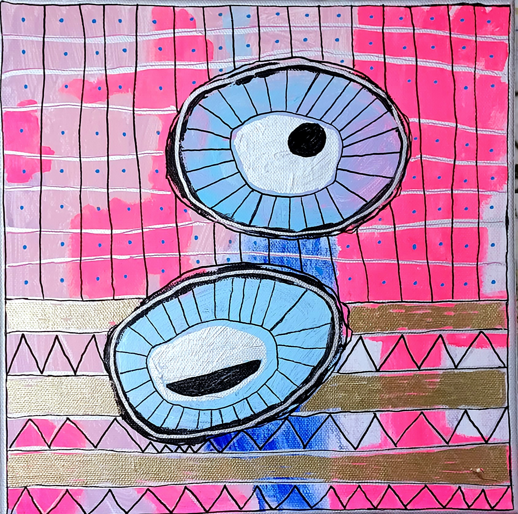 Noora Ylipietin akryylimaalaus, jossa absraktit leijuvat silmäoletetut pinkkiä taustaa vasten