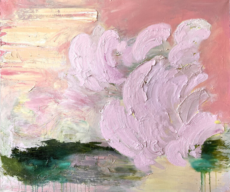 Vaaleanpunaisia, vaaleankeltaisia ja vihreitä abstrakteja muotoja, paksua maalikerrosta ja voimakkaita sivellinjälkiä.