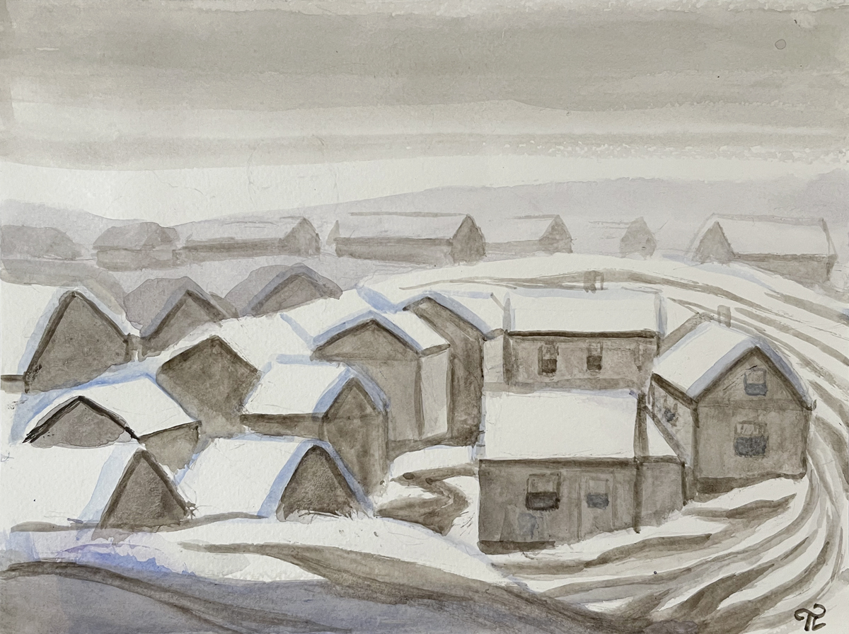 Tuomas Laurialalan vesivärimaalaus: talvinen kylämaisema.