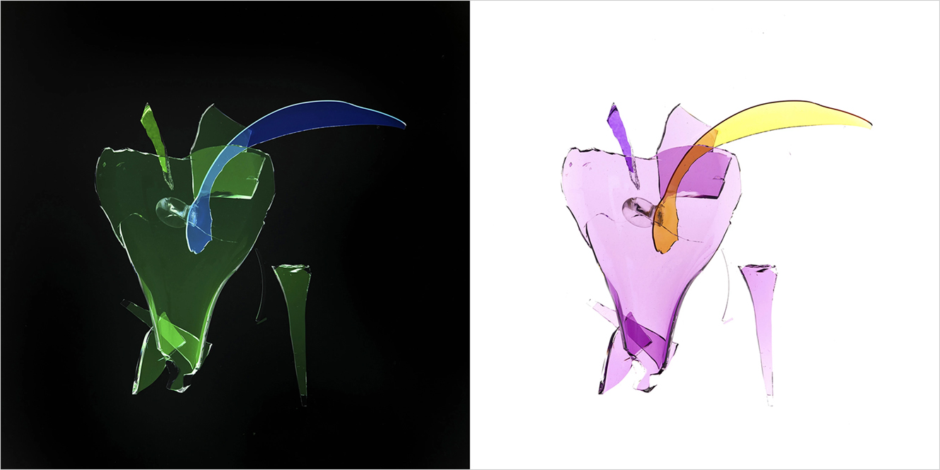 Abstrakti sommitelma särkyneistä värikkäistä lasinpaloista, kuva vierekkäin positiivina ja negatiivina.
