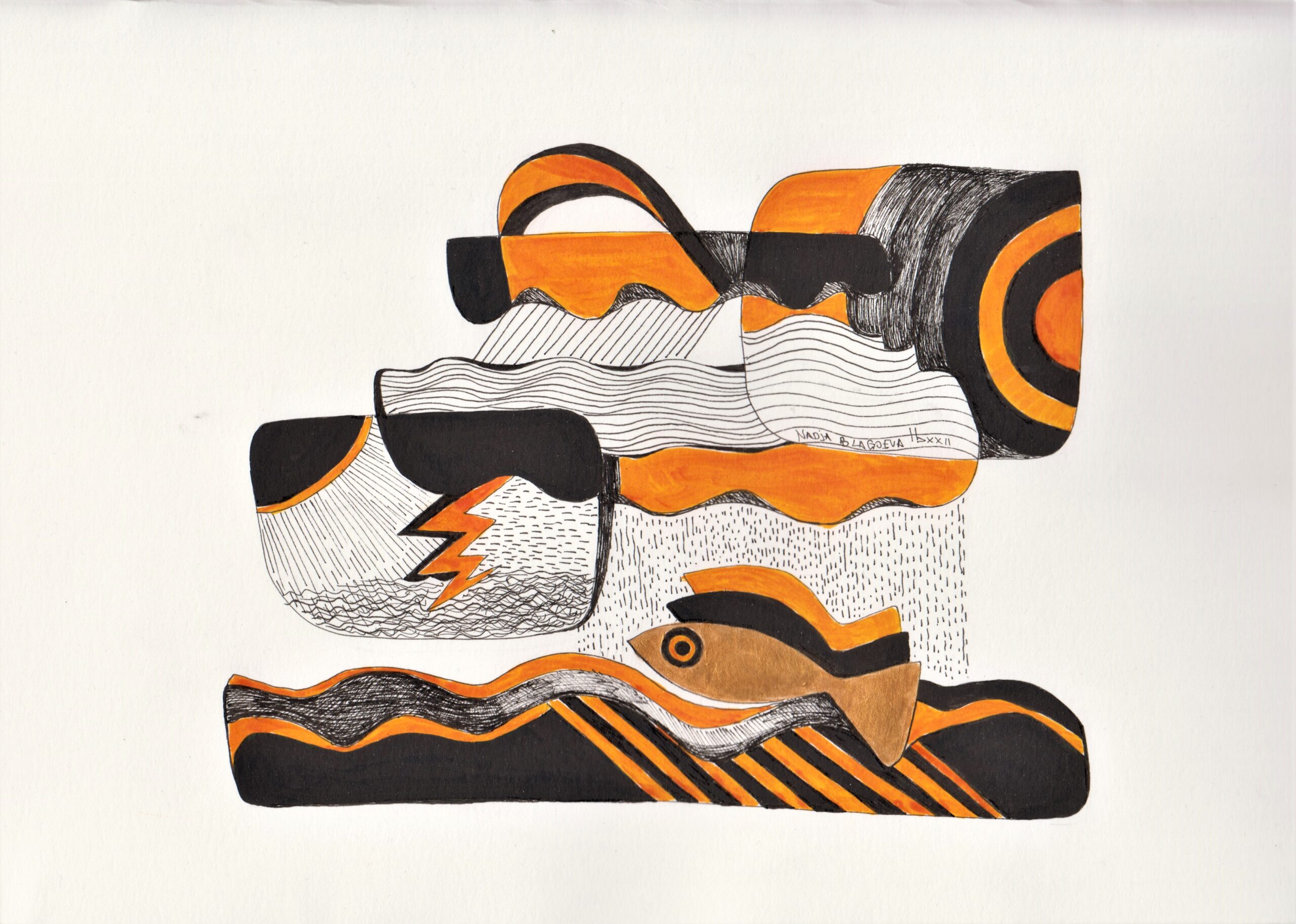 Nadezda Blagoeva-Ryynäsen absrakti tussipiirros, jossa oranssin, mustan ja valkoisen sävyjä, kala, salamia, veden elementtejä