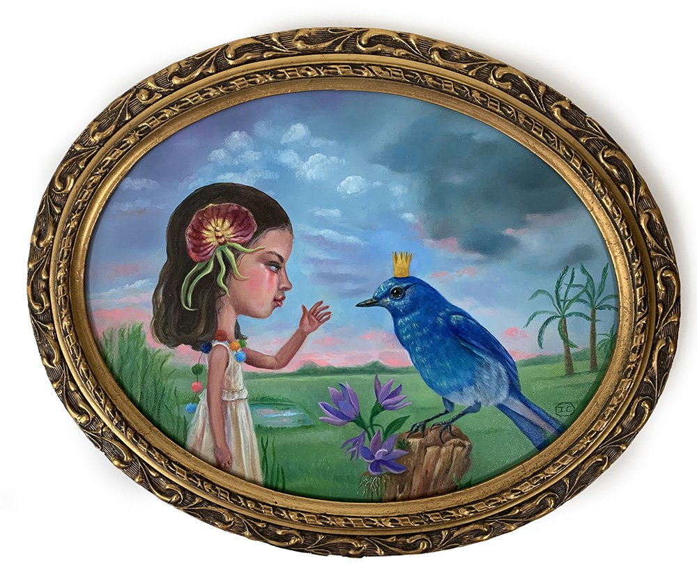 Ilona Cuttsin värikäsmaalaus, jossa nainen linnun kanssa sivuprofiilista. Teos sisältää kauniin puisen, käsinkaiverretun antiikki kehyksen.