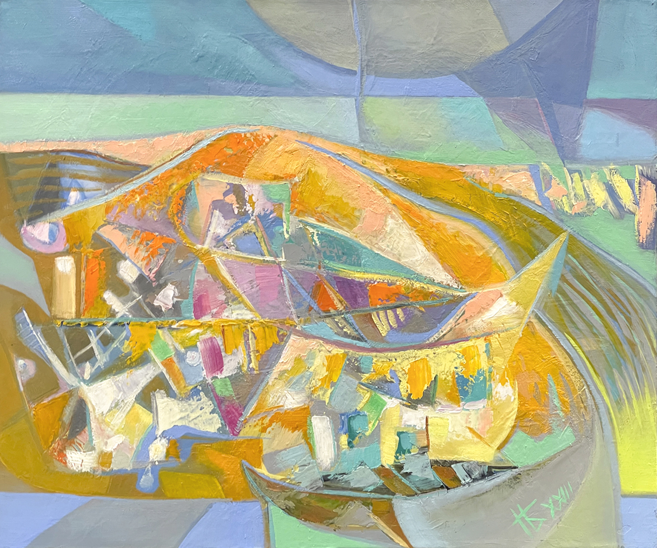 Nadezda Blagoeva-Ryynäsen absrakti öljyvärimaalaus, jossa sinisen ja oranssin sävyjä