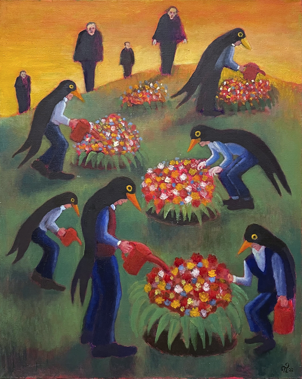 Tuoma Laurialan värikäs öljyvärimaalaus, jossa lintuihmiset kastelevat kukkapenkkejä