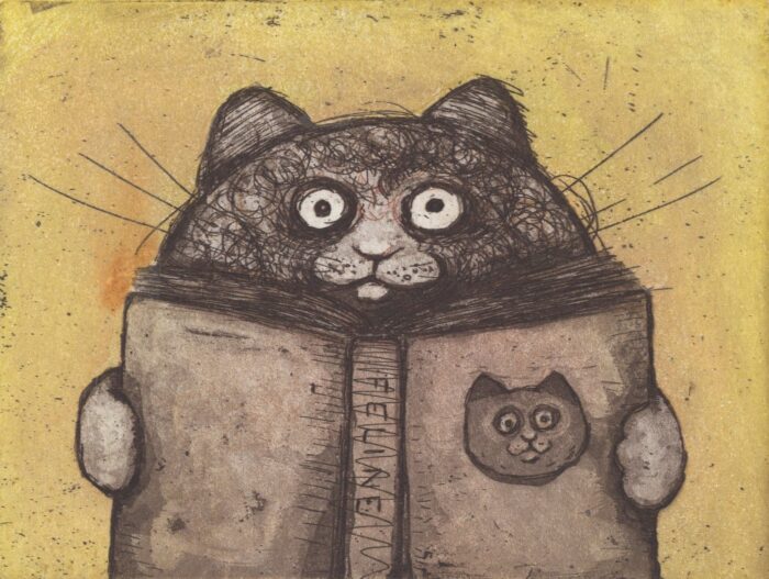 Akvatinta grafiikalla tehty teos kissasta lukemassa kirjaa, Anna-Maija Mattila-Selin