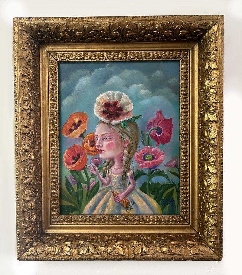 Ilona Cuttsin Öljyvärimaalaus naisesta kukkien kanssa kovalevylle. Kaunis puinen antiikki kehys vuodelta 1820.
