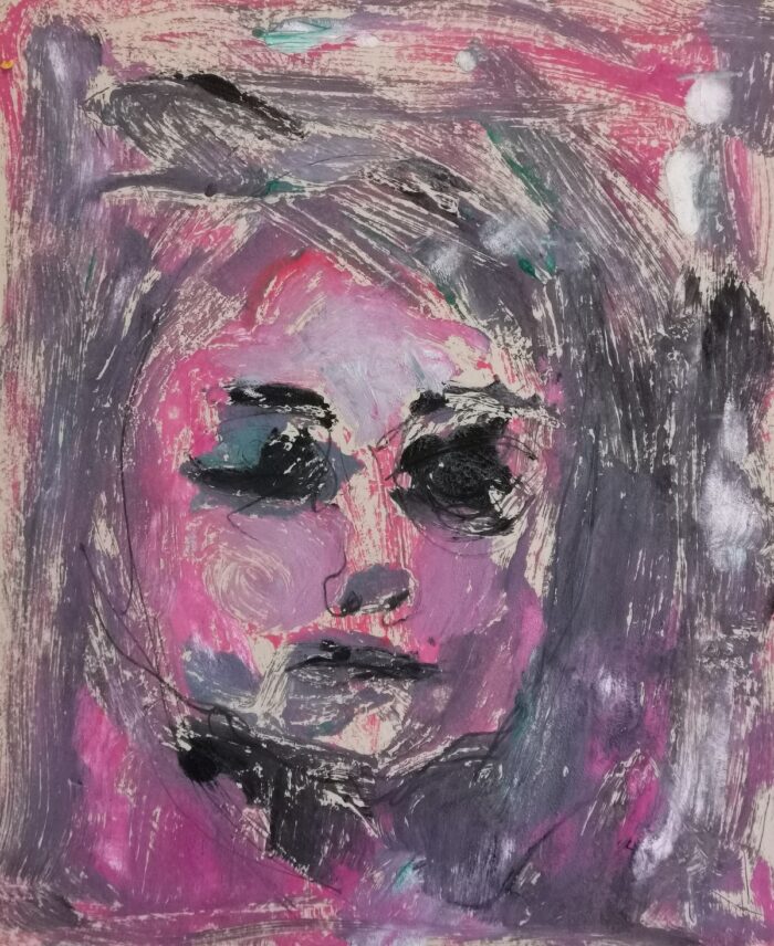 Maije Helin-Åvallin monotypialla tehty teos, jossa pinkki-harmaa-sävyiset kasvot