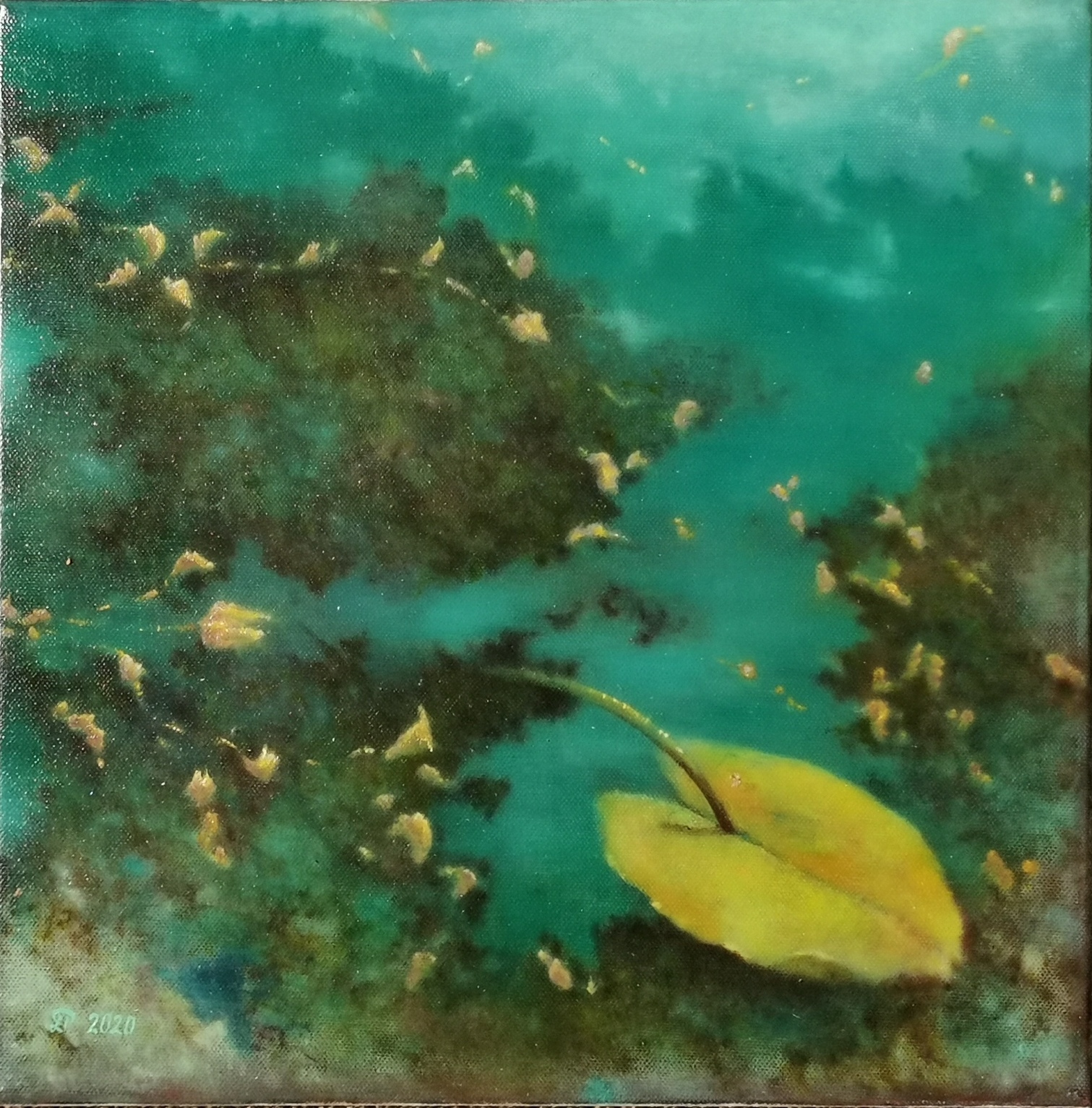 Ligita Purinan öljyvärimaalaus, jossa kellertävä lumpeen lehti sinertävällä taustalla