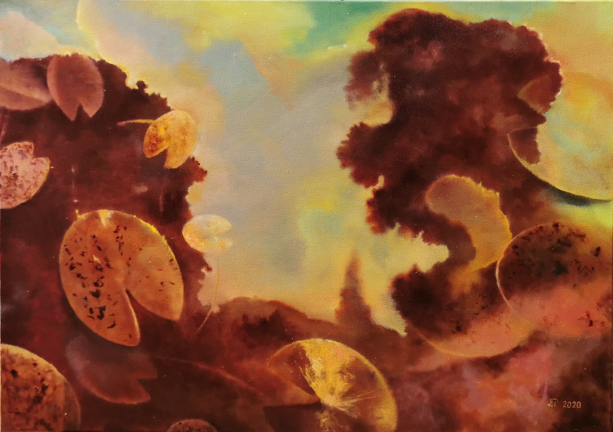 Ligita Purinan absrakti, ruskea sävyitteinen öljyvärimaalaus, jossa lehteä ja koukeroa