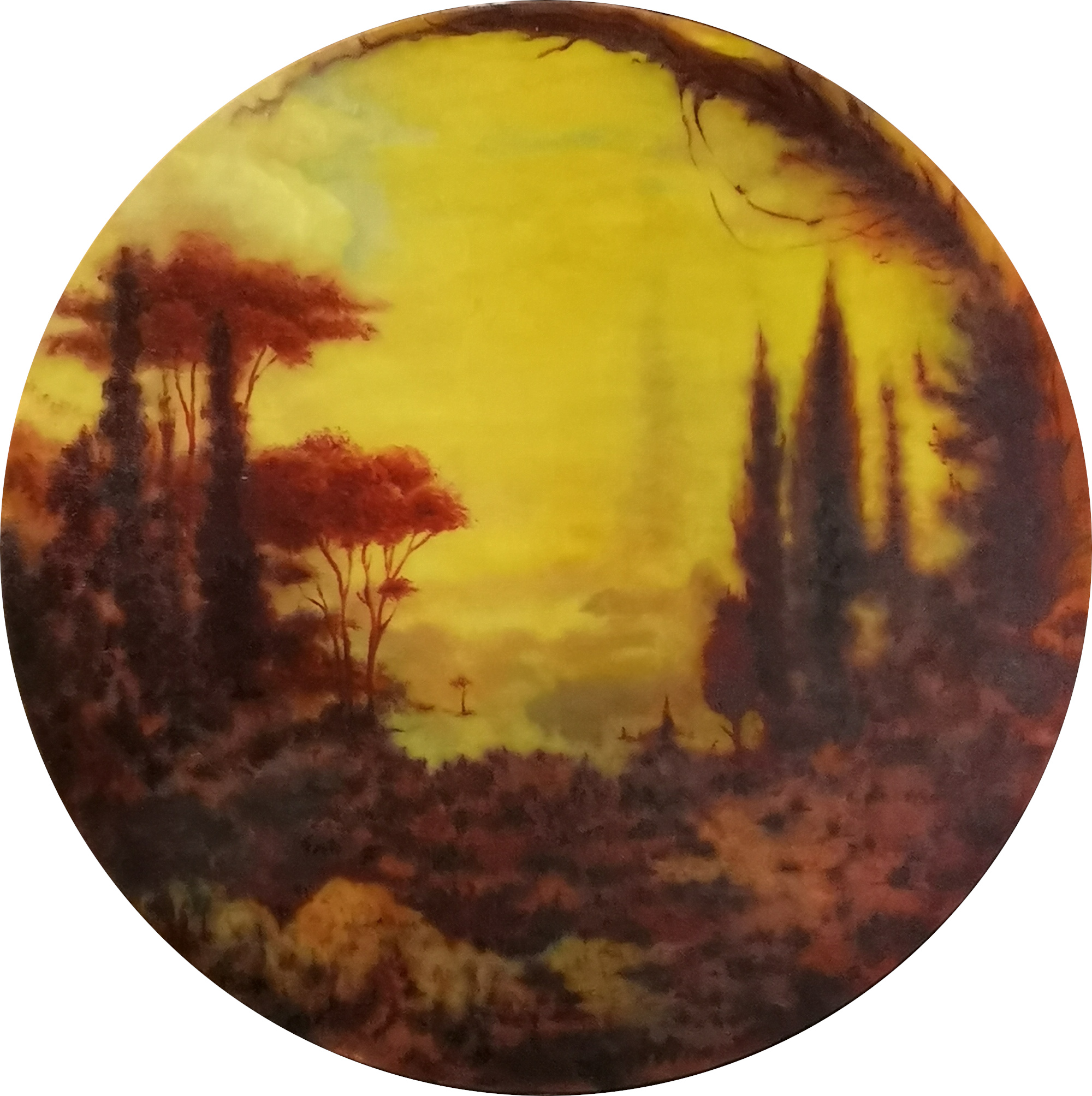 Ligita Purinan pyöreämuotoinen kellertävä öljyvärimaalaus kesäyön metsästä