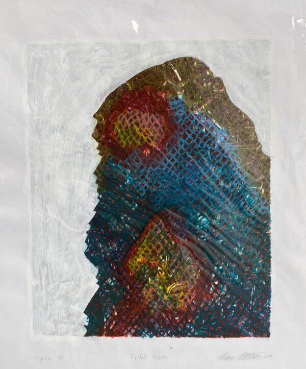 Tommi Matikan abstrakti grafiikkateos, jossa monivärinen läiskä