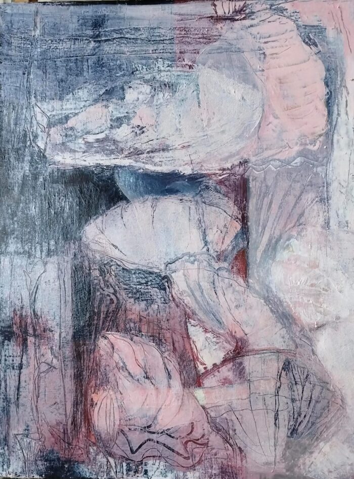 Varpu Jaskarin punertavan lila öljyvärimaalaus simpukoista