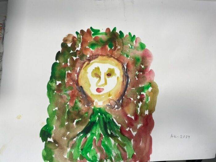 Aarre Kärkkäisen vesivärimaalaus, jossa kasvot näkyvät vihreän rusehtavan puskan keskeltä