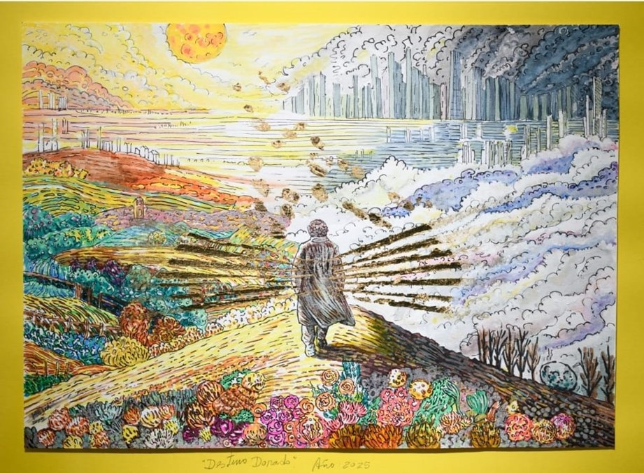 Raul Mejia Morenon sekatekniikalla tehty teos, jossa keskellä ihmishahmo katsoo aurinkoiseen horisonttiin