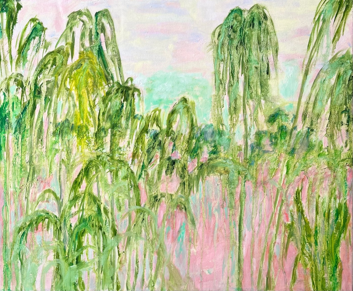 Riitta Asantin kirkas, vihreä ja vaaleanpunainen öljyvärimaalaus palmuista