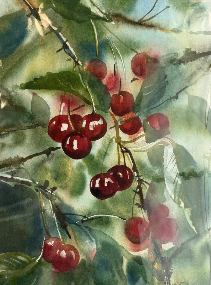 Irina Rebnitskayan vesivärimaalausta kirsikoista puussa