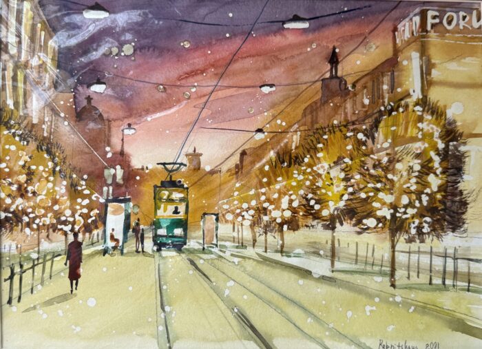 Irina Rebnitskayan vesivärimaalaus, jossa raitiovaunu lähestyy Mannerheimintiellä