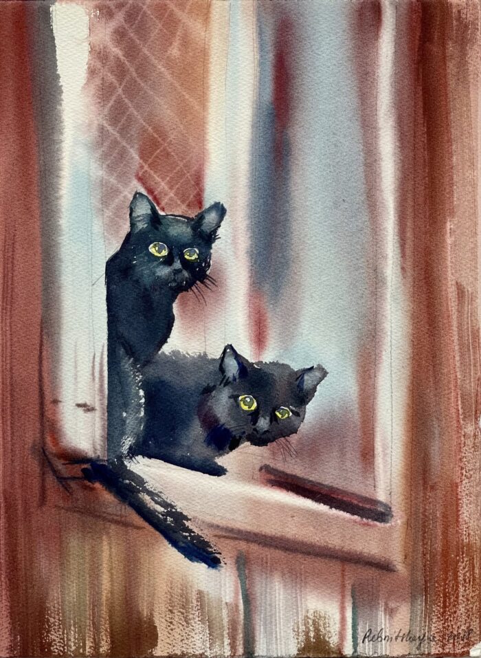 Irina Rebnitskayan punaruskeasävyinen vesivärimaalaus, jossa kaksi mustaa kissaa katsovat ikkunalaudalta