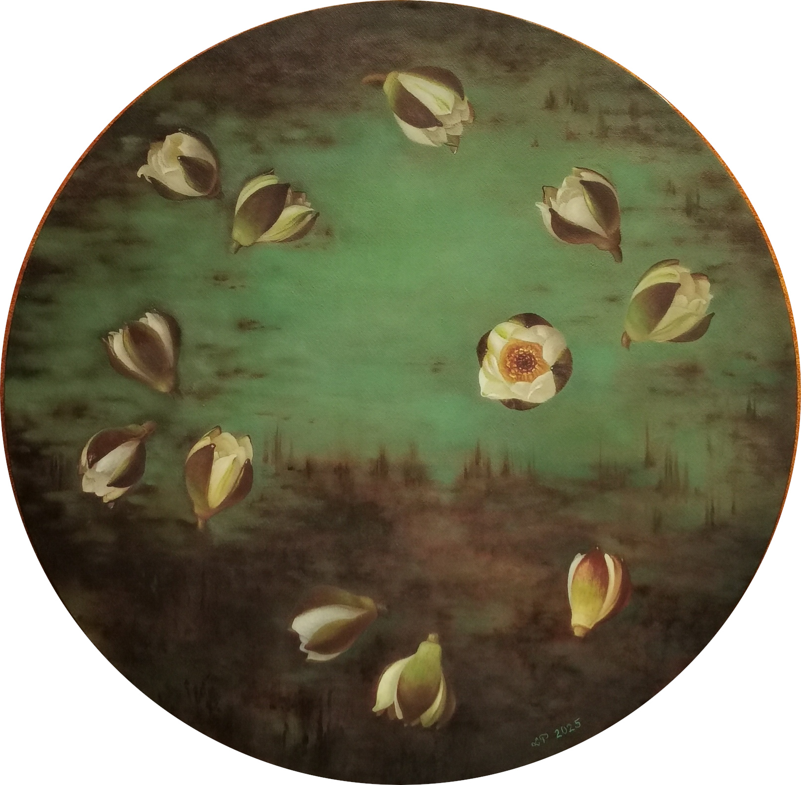 Ligita Purinan tumman vihreä, pyöreä öljyvärimaalaus, jossa 12 lumpeen kukkaa