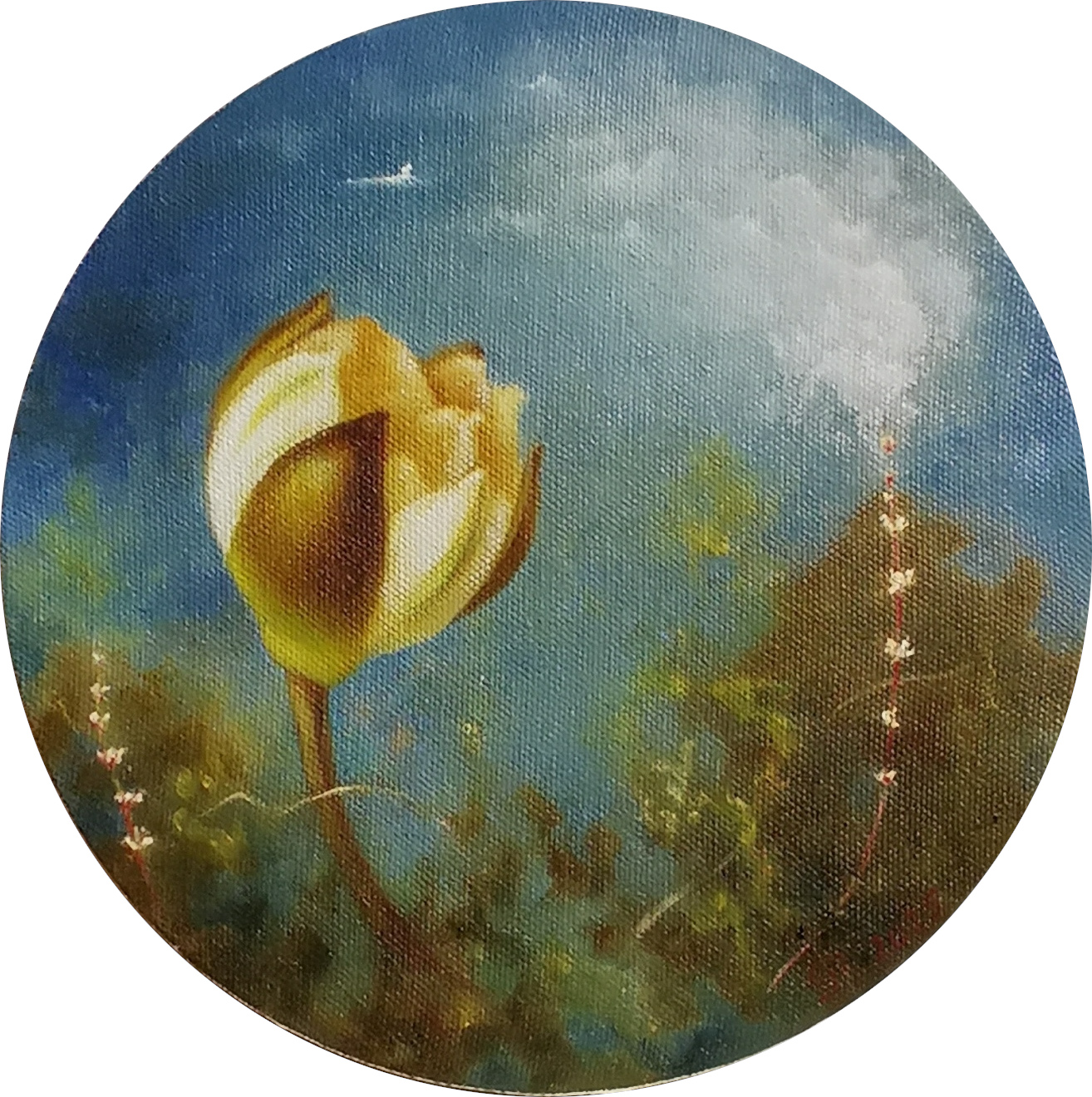 Ligita Purinan öljyvärimaalaus, jossa iso lumpeen kukka taivasta vasten