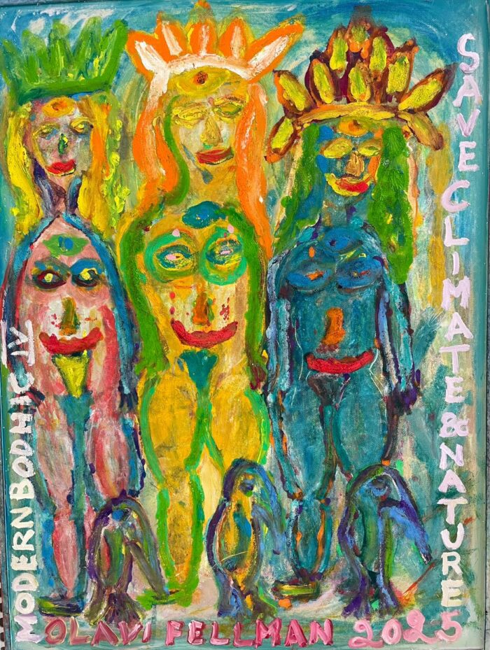 Olavi Fellmannin värikäs öljyvärimaalaus, jossa kolme naista rivissä