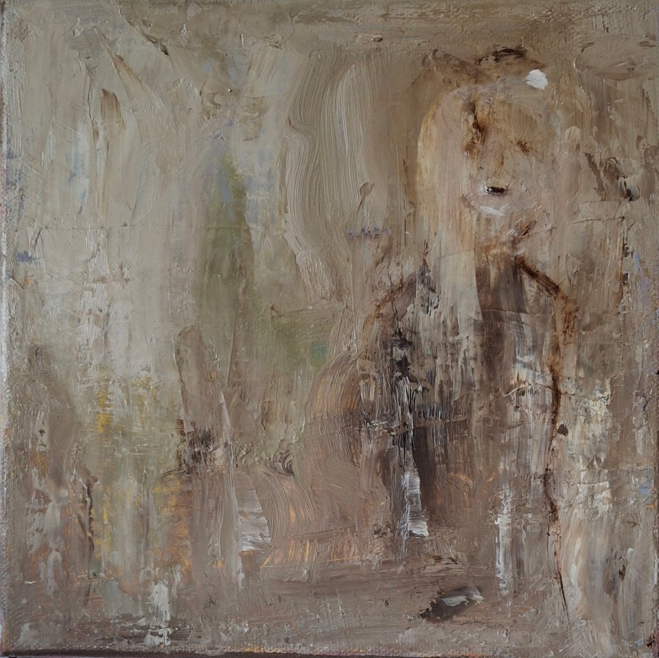 Seija Rissasen ruskean beige öljyvärimaalaus, jossa hahmo ikkunassa