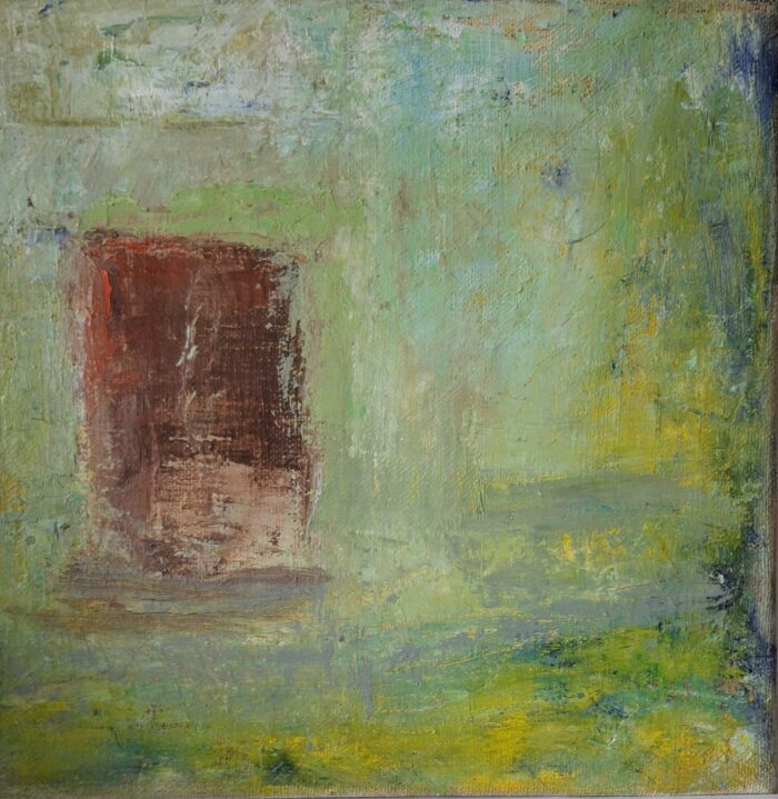 Seija Rissasen öljyvärimaalaus, jossa vihreällä taustalla ruskea ovi