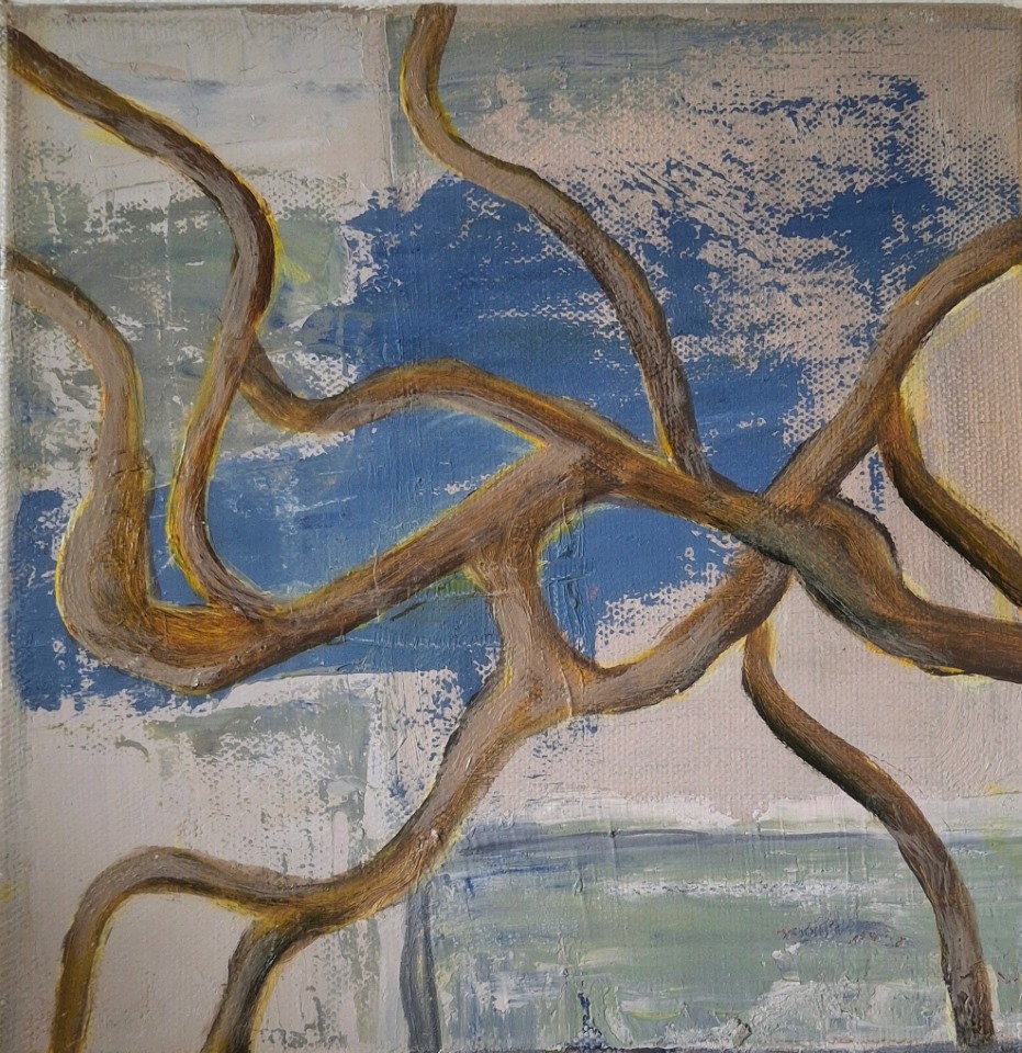 Seija Rissasen öljyvärimaalaus, jossa omenapuun oksat kiemurtelevat