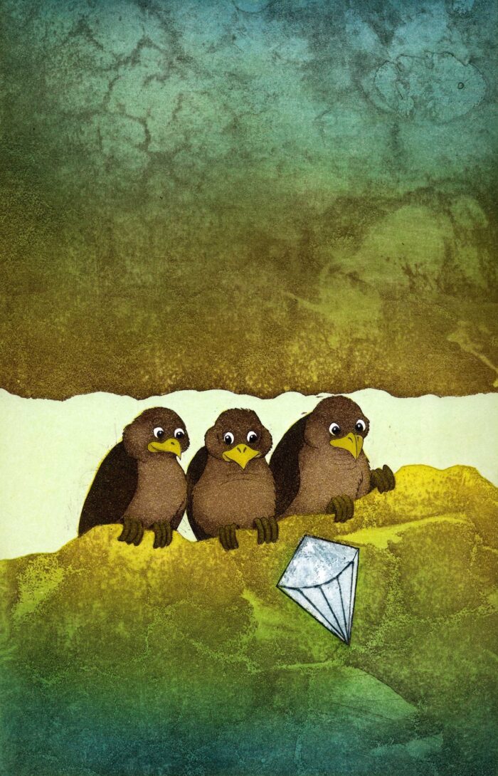 Susanna Suikkarin akvatinta, etsaus grafiikka kolmesta linnusta ja timantista