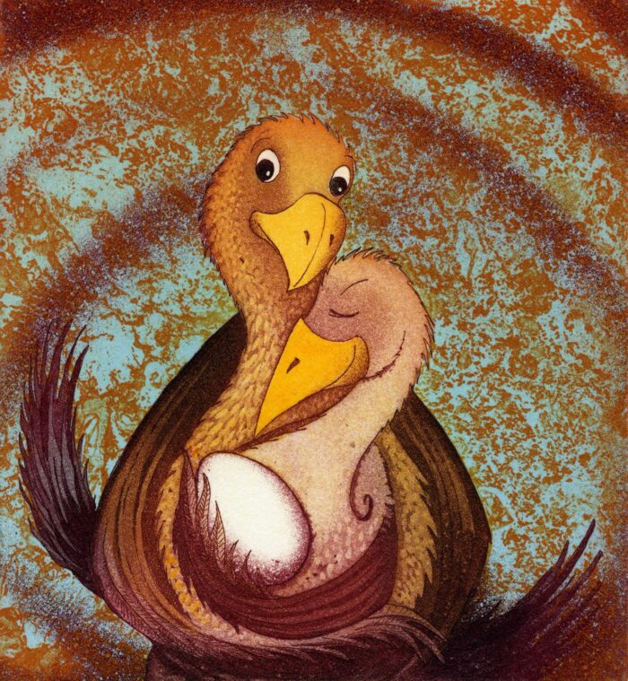 Susanna Suikkarin akvatinta, etsaus grafiikka kahdesta linnusta pesässä hautomassa munaa