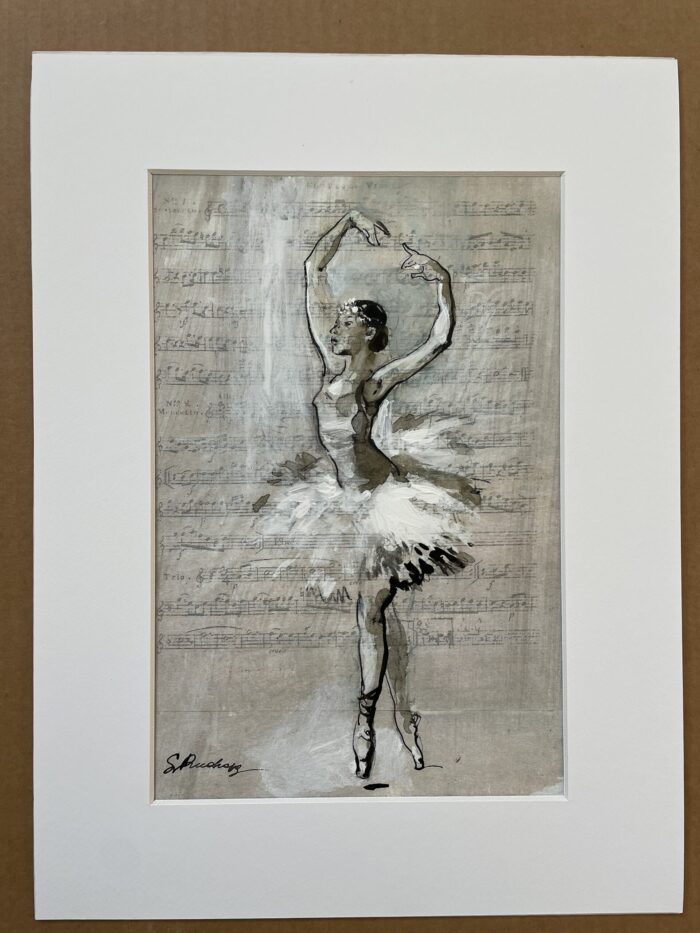 Svetlana Ruohon sekatekniikalla maalattu lämmin harmaasävyinen teos ballerinasta, jossa on kaunis musikkitausta.